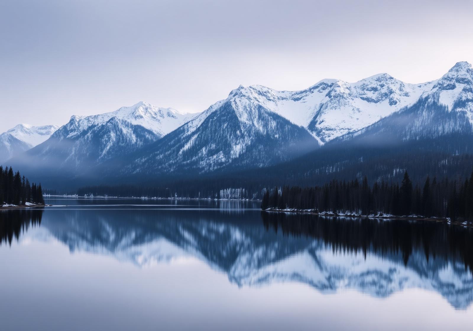 Snow-dusted high peaks reflected in Lake Placid